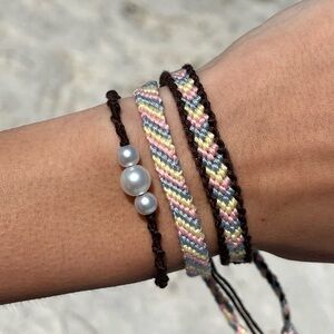 Handmade woven matching pack of 3 bracelets brown yellow pink blue